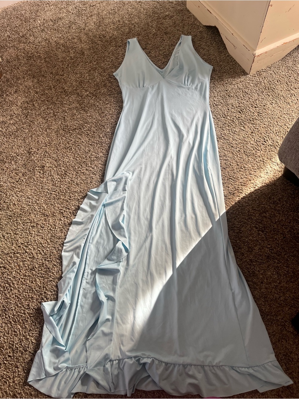 Light Blue V-Neck Ruffle-Trim Maxi Dress